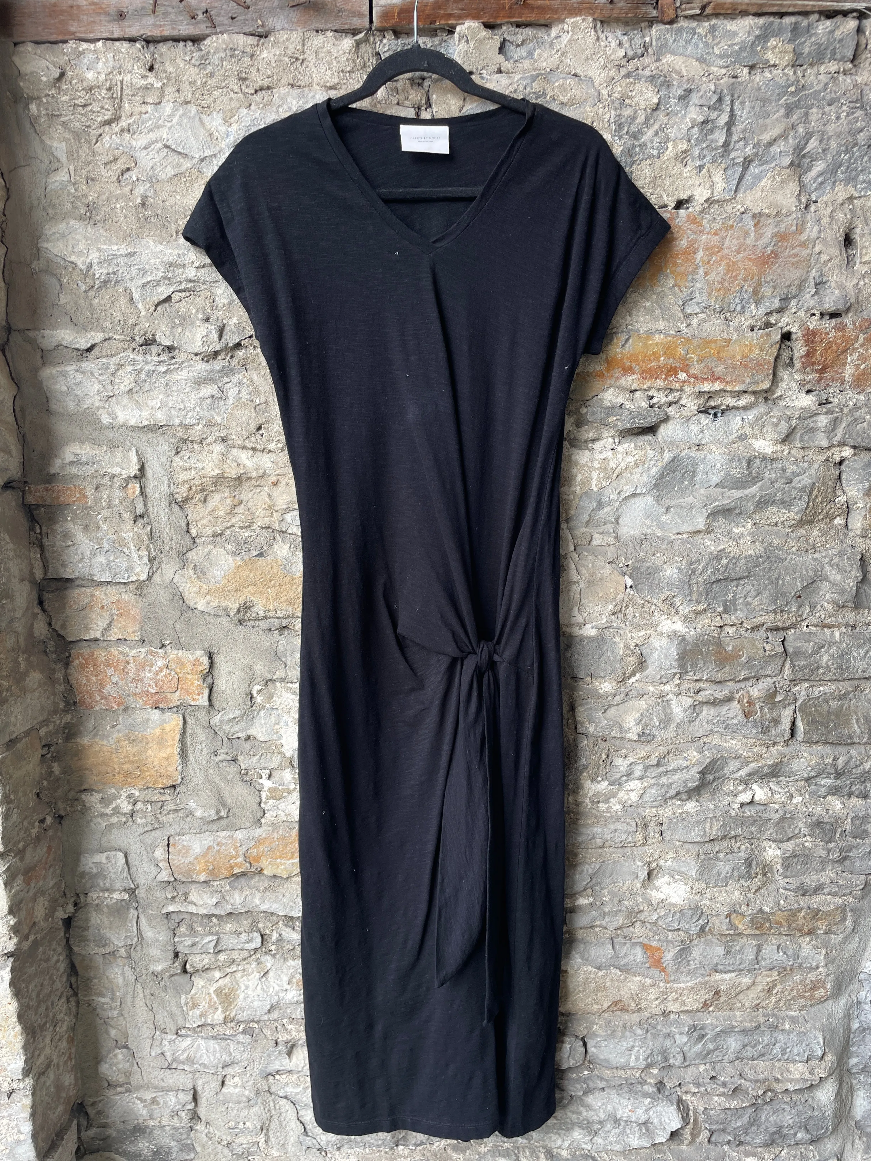 100% Cotton T shirt midi dress with wrap tie  front  BLACK