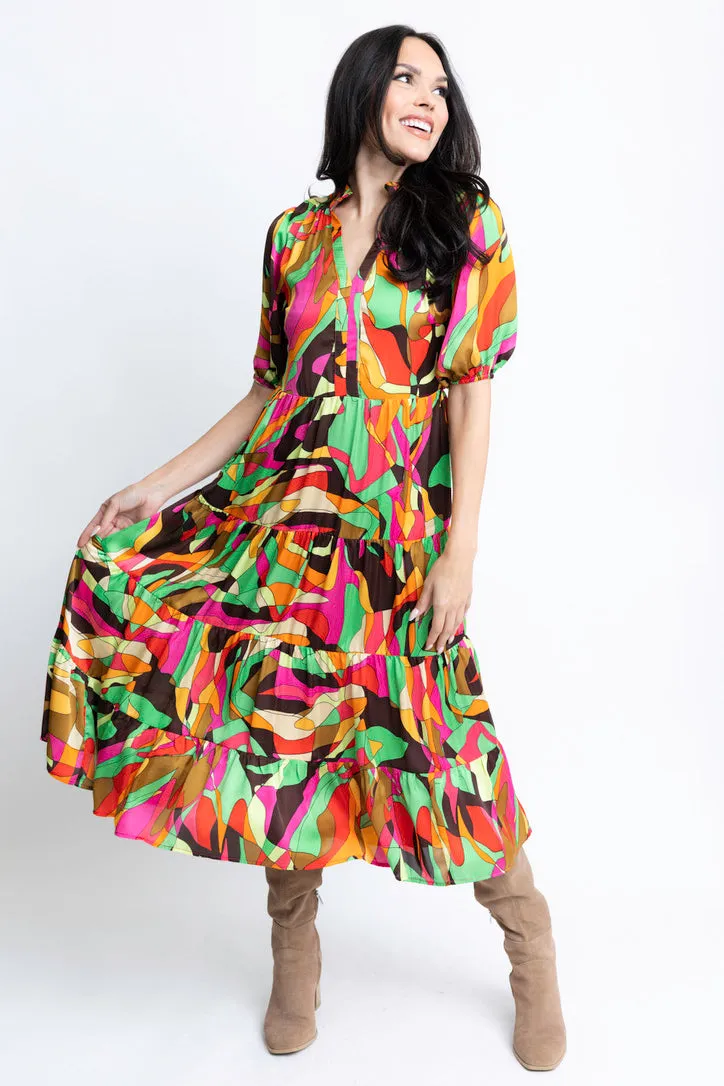 Abstract Satin Tier Maxi Dress