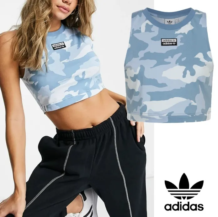 adidas  |Camouflage Sleeveless Cotton Logo Cropped Tops Baby Tees