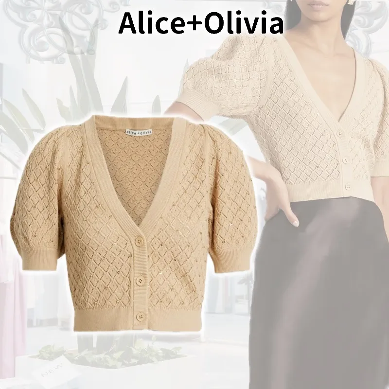 Alice+Olivia  |Nylon Plain Cotton Short Sleeves Puff Sleeves Cropped Tops