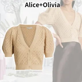 Alice+Olivia  |Nylon Plain Cotton Short Sleeves Puff Sleeves Cropped Tops