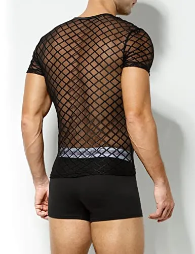 Arjen Kroos Men's Sexy See Through T Shirt Mesh Fishnet Undershirts Transparent Shirt