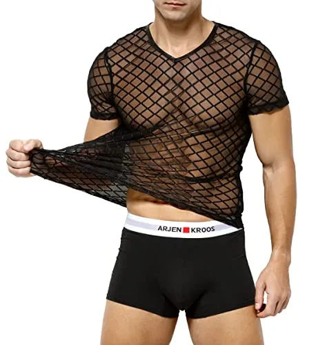 Arjen Kroos Men's Sexy See Through T Shirt Mesh Fishnet Undershirts Transparent Shirt