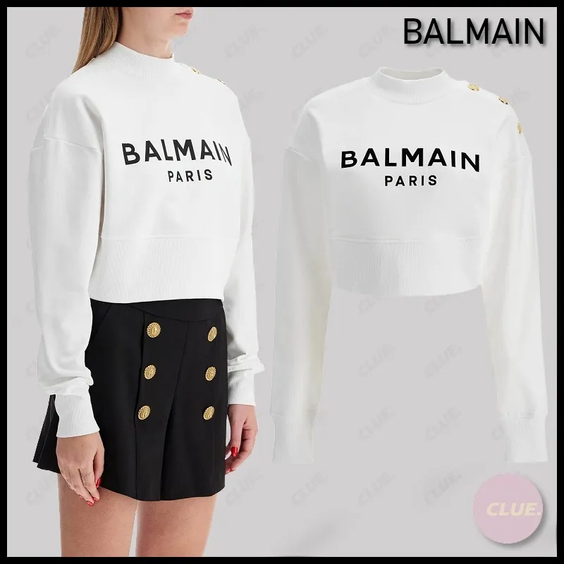 BALMAIN  |Crew Neck Long Sleeves Cotton Logo Cropped Tops