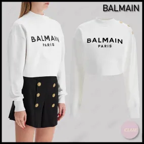 BALMAIN  |Crew Neck Long Sleeves Cotton Logo Cropped Tops