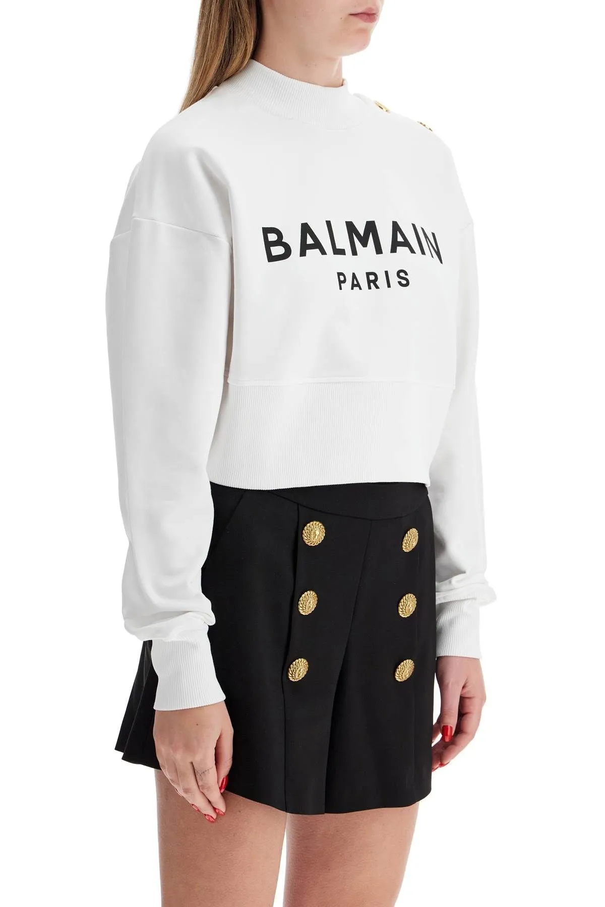 BALMAIN  |Crew Neck Long Sleeves Cotton Logo Cropped Tops