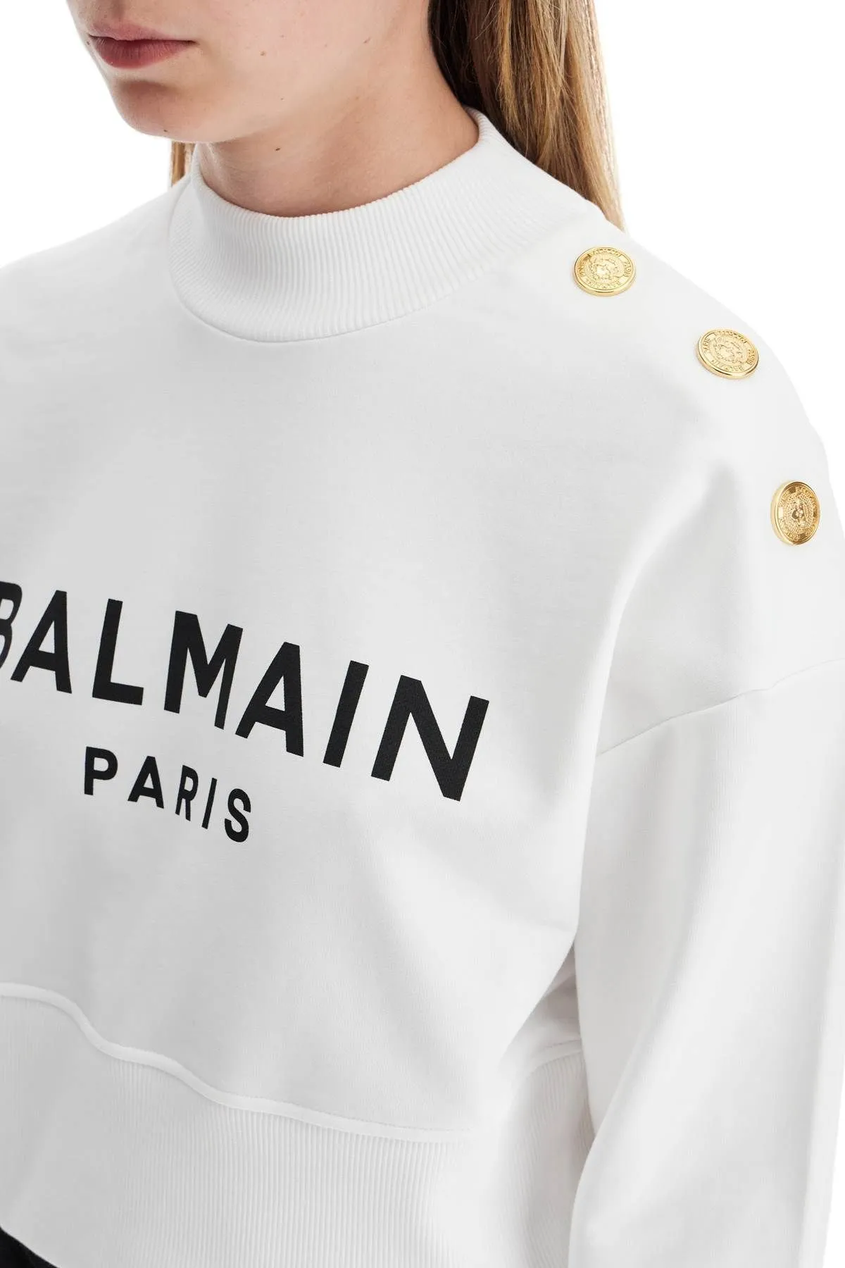 BALMAIN  |Crew Neck Long Sleeves Cotton Logo Cropped Tops