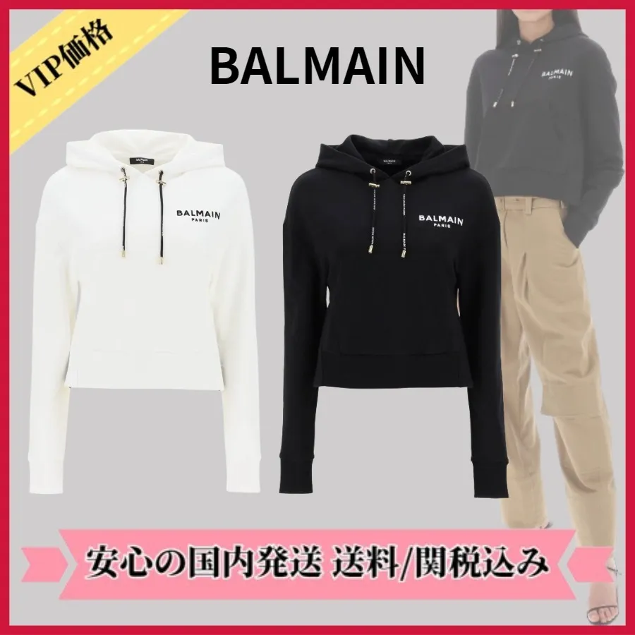 BALMAIN  |Long Sleeves Cotton Logo Cropped Tops Hoodies & Sweatshirts