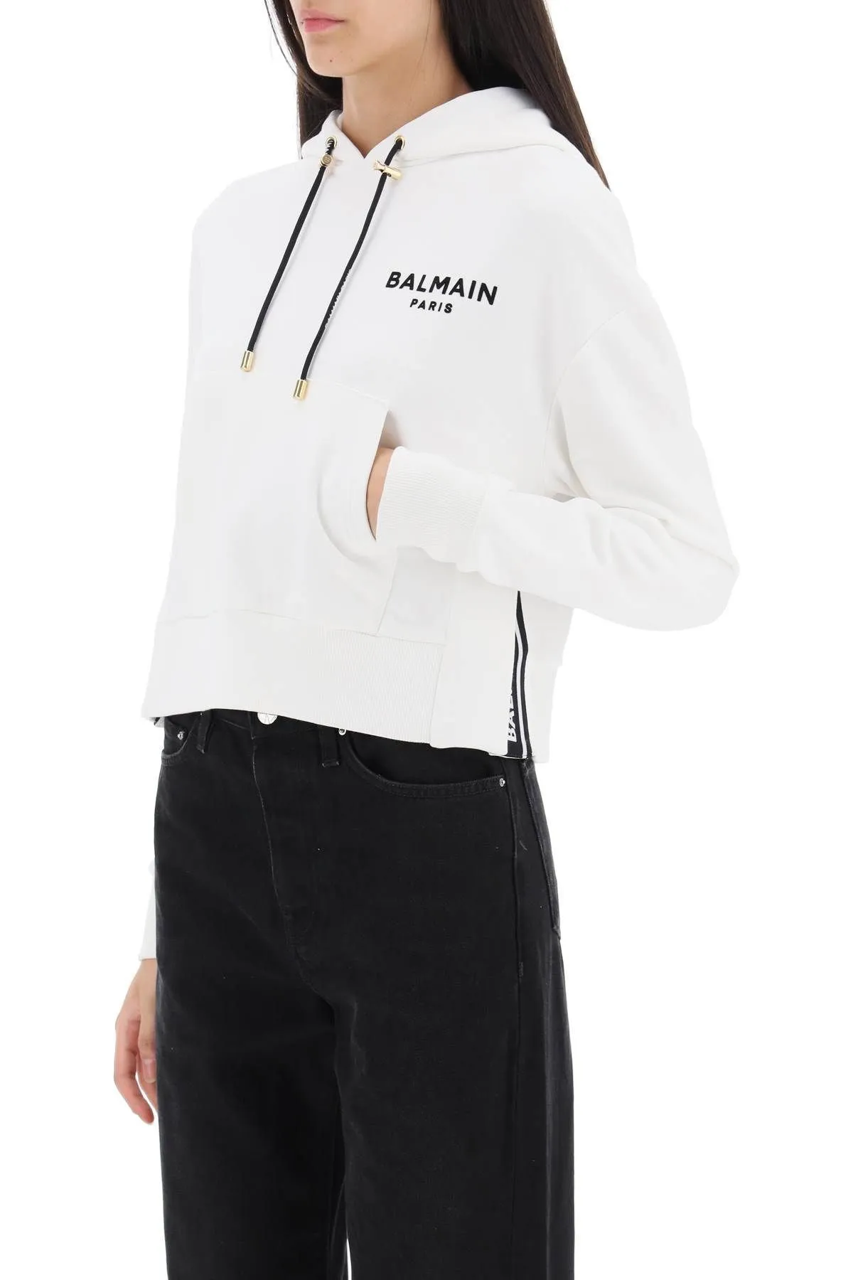 BALMAIN  |Long Sleeves Cotton Logo Cropped Tops Hoodies & Sweatshirts