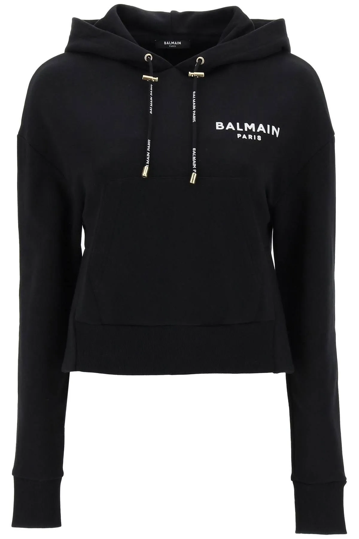 BALMAIN  |Long Sleeves Cotton Logo Cropped Tops Hoodies & Sweatshirts