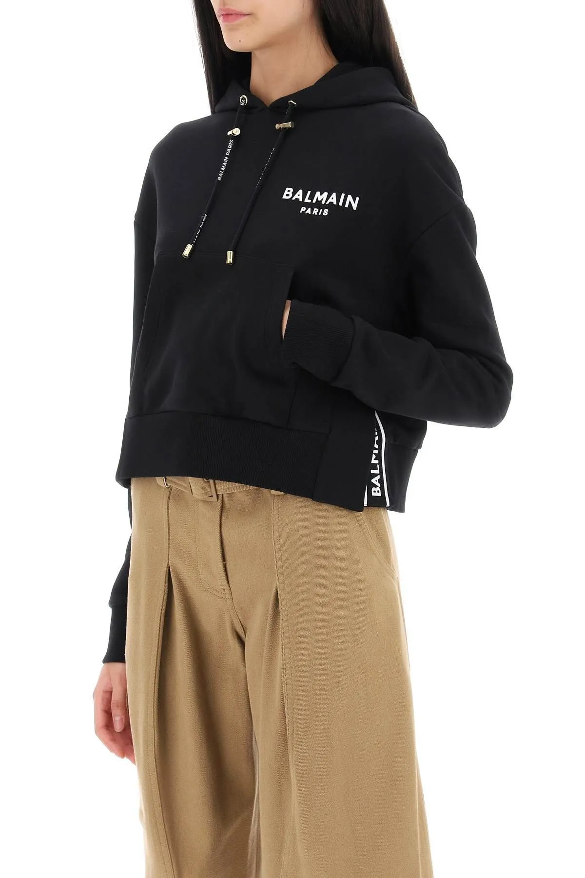 BALMAIN  |Long Sleeves Cotton Logo Cropped Tops Hoodies & Sweatshirts