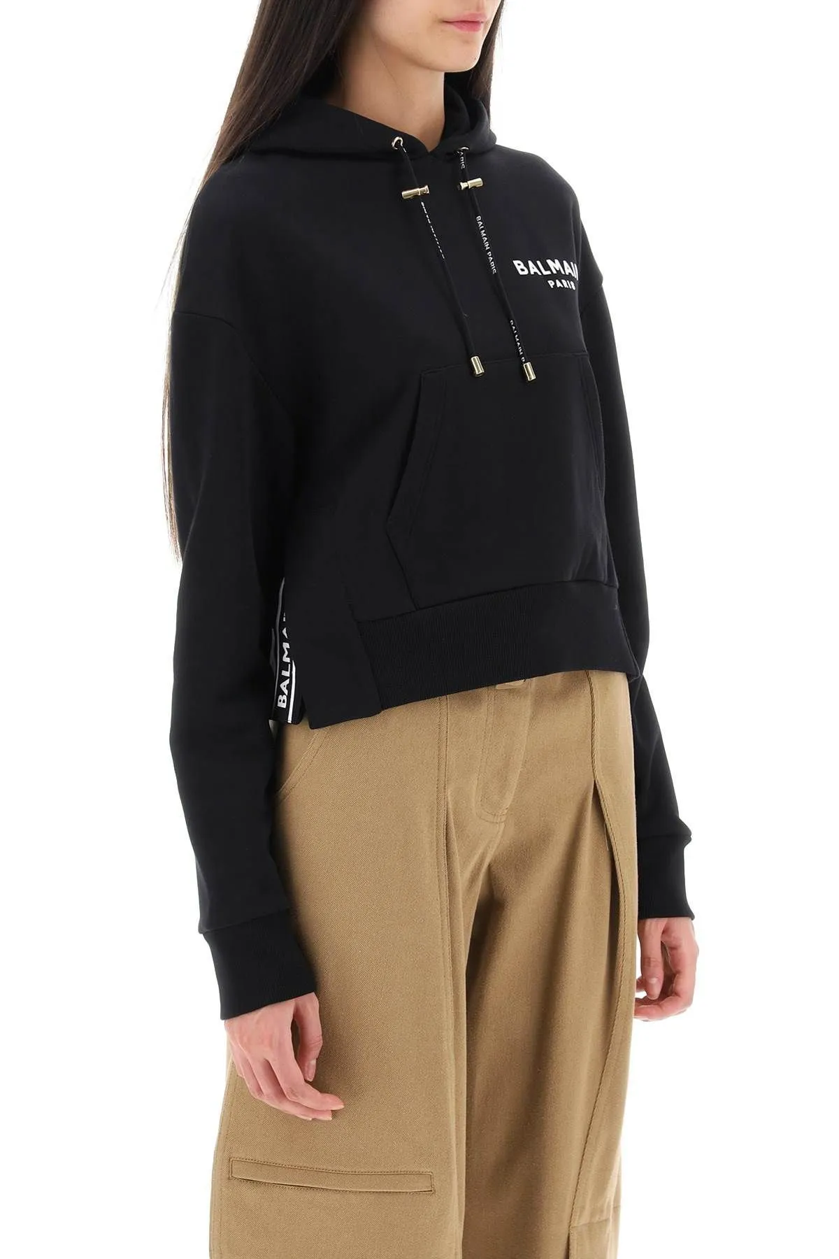 BALMAIN  |Long Sleeves Cotton Logo Cropped Tops Hoodies & Sweatshirts