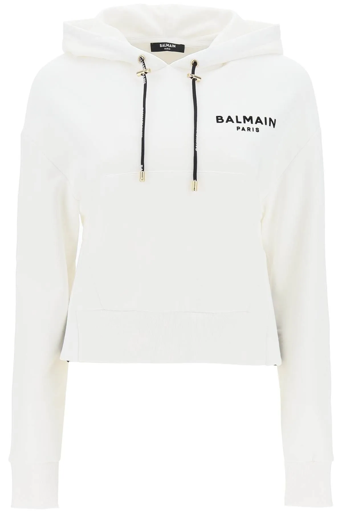 BALMAIN  |Long Sleeves Cotton Logo Cropped Tops Hoodies & Sweatshirts