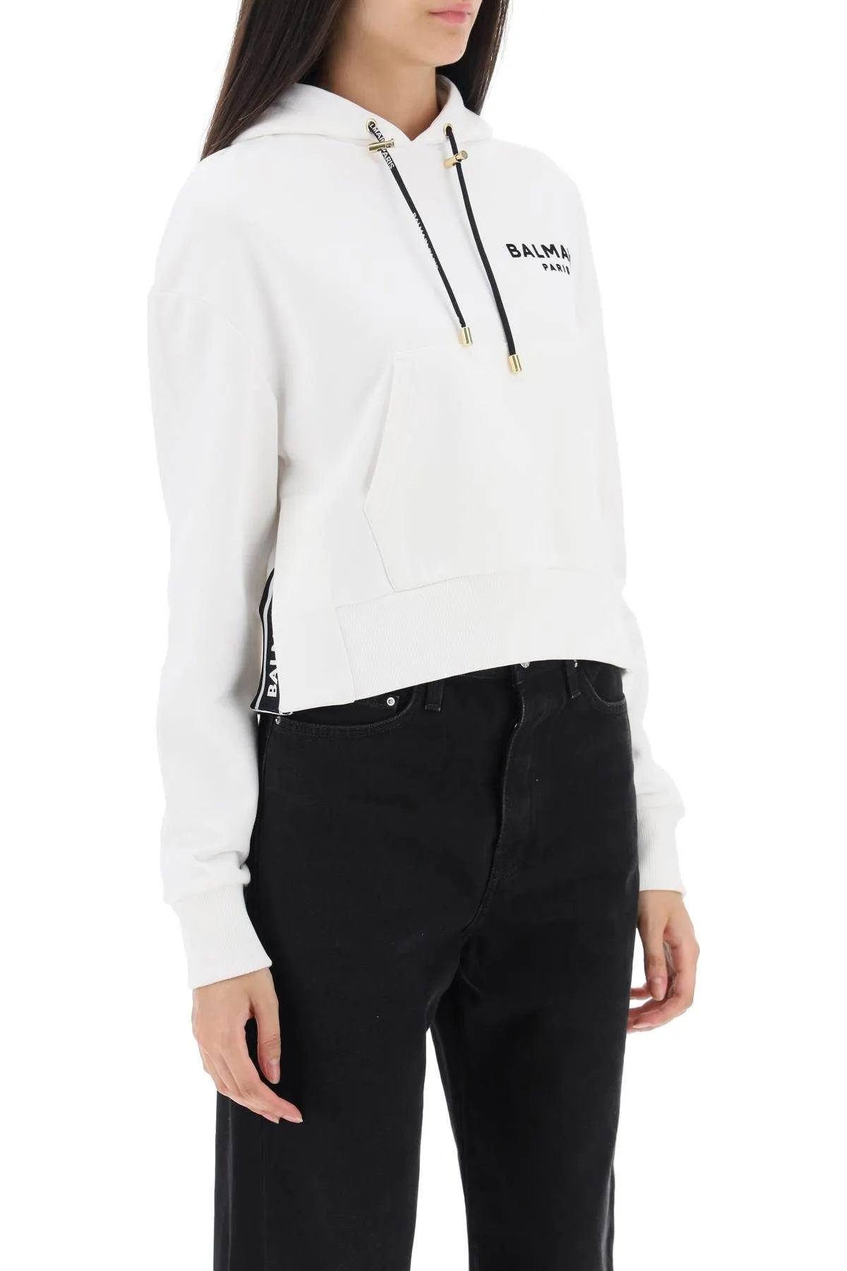 BALMAIN  |Long Sleeves Cotton Logo Cropped Tops Hoodies & Sweatshirts