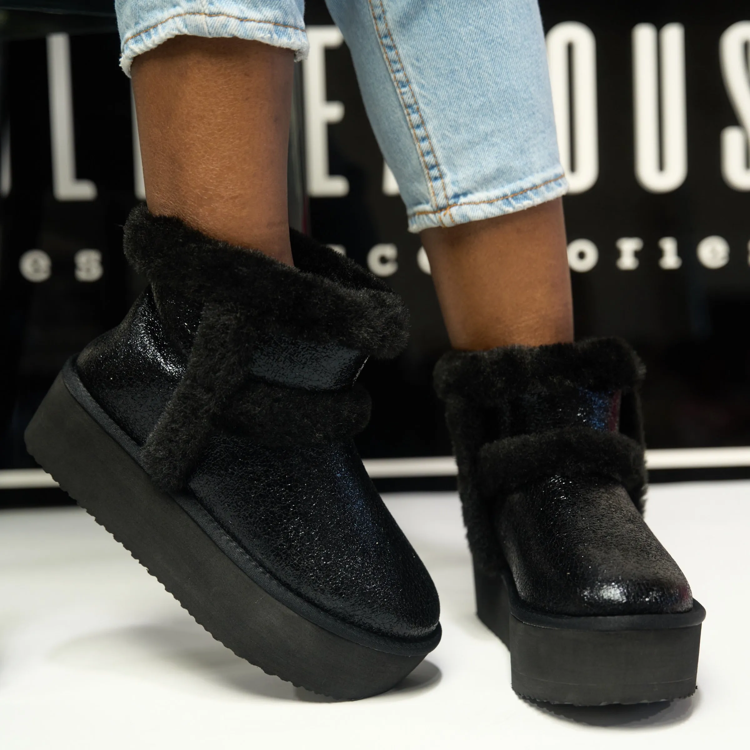 black cozy platform bootie- tasha