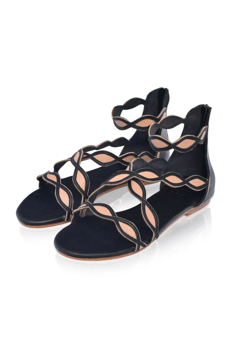 Blossom Leather Sandals in Black and Beige