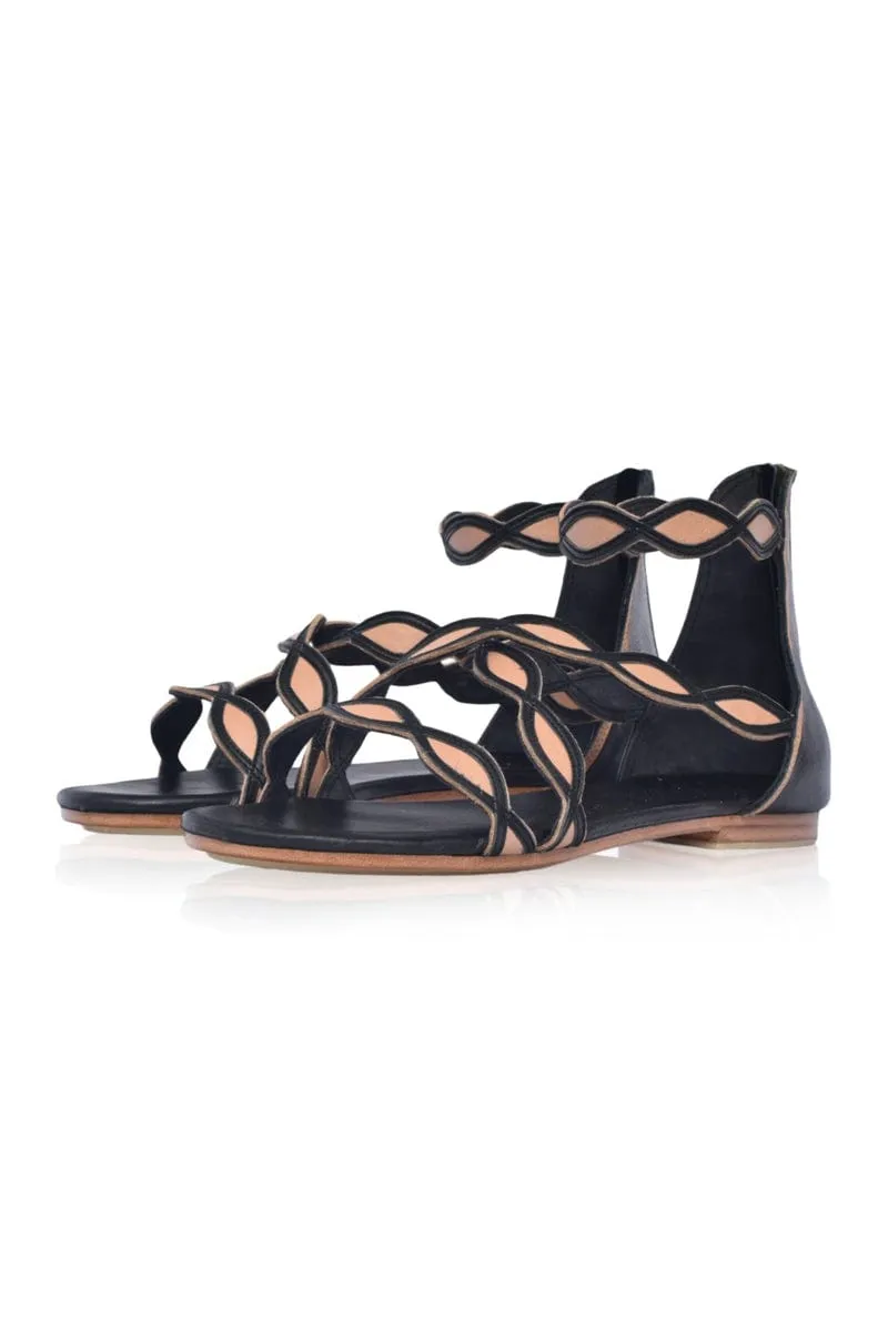 Blossom Leather Sandals in Black and Beige