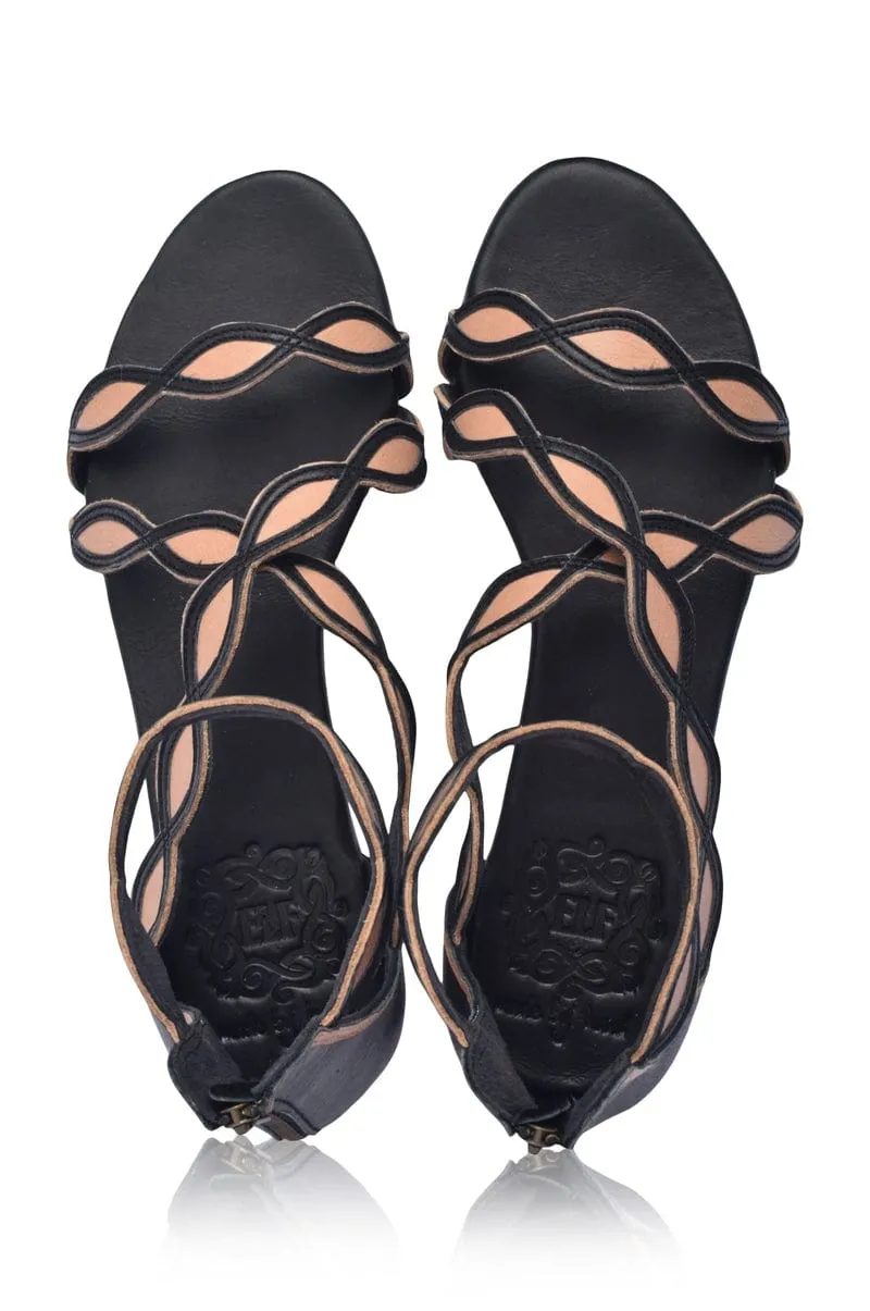 Blossom Leather Sandals in Black and Beige