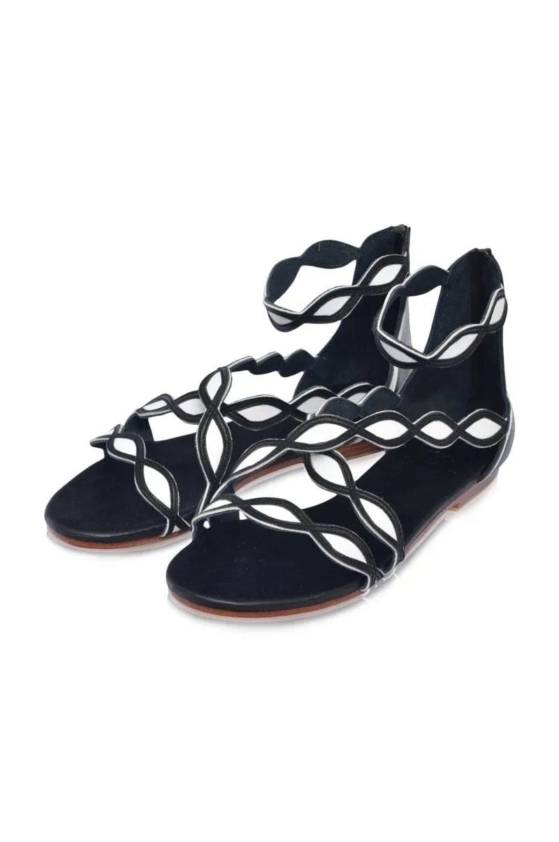 Blossom Leather Sandals in Black and Beige