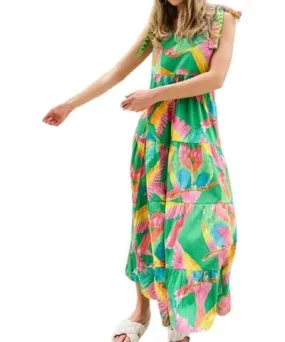 BRITON COURT Annie Embroidered Tie Shoulder Maxi Dress In Tropical Bird