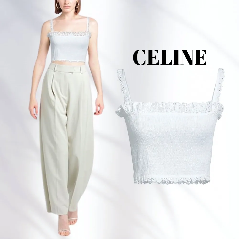 CELINE  |Casual Style Plain Cotton Party Style Lace Cropped Tops