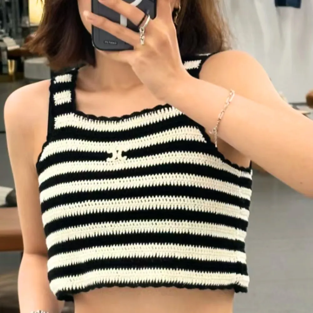 CELINE  |Stripes Bi-color Cotton Logo Cropped Tops Tanks & Camisoles