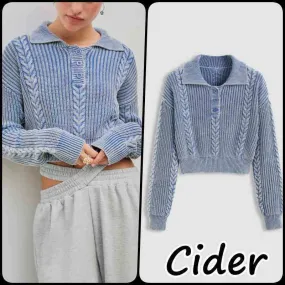 Cider  |Casual Style Long Sleeves Plain Cotton Cropped Tops