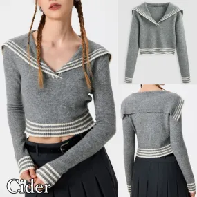 Cider  |Casual Style V-Neck Long Sleeves Plain Cropped Tops