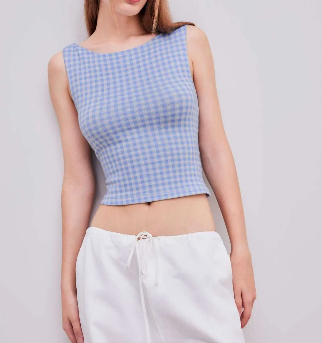 Cider  |Gingham Boat Neck Cropped Tops Tanks & Camisoles