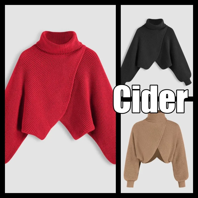 Cider  |Long Sleeves Plain High-Neck Cropped Tops V-neck & Crew neck