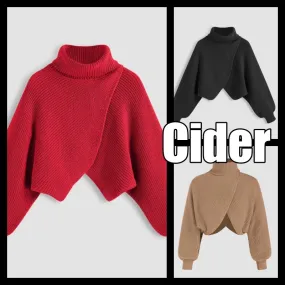 Cider  |Long Sleeves Plain High-Neck Cropped Tops V-neck & Crew neck