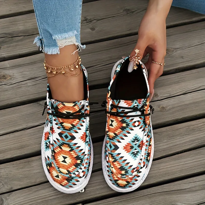 Colorful Geometric Print Walking Shoes, Lightweight Low Top Travel Sport Flat Shoes, Women's Footwear