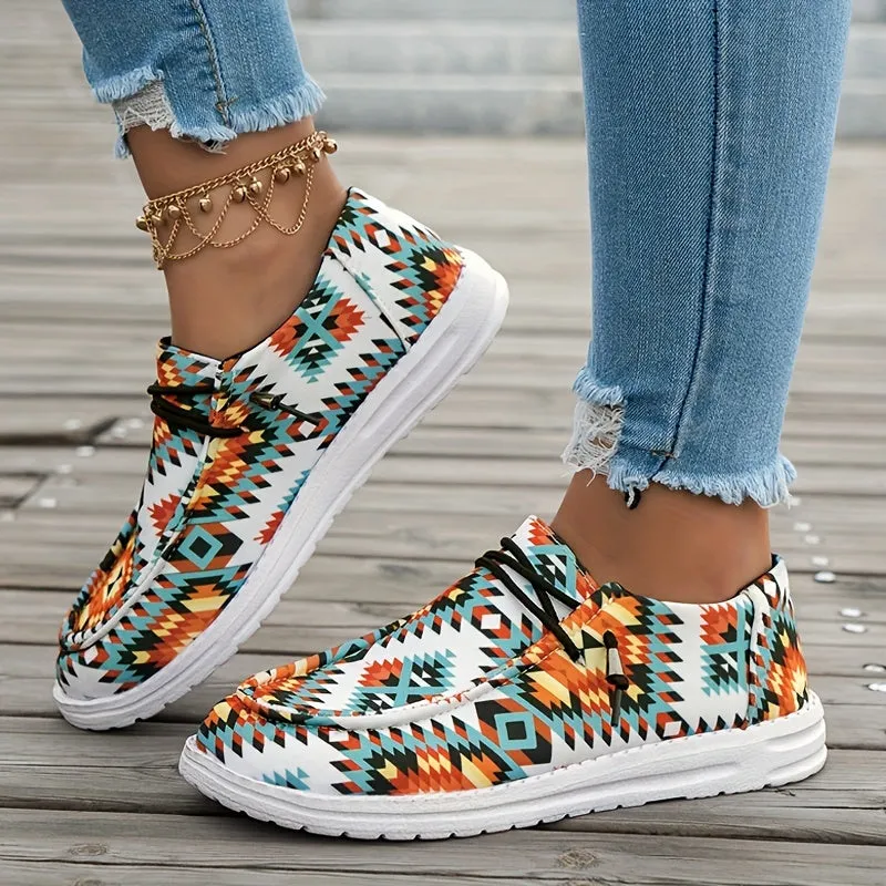 Colorful Geometric Print Walking Shoes, Lightweight Low Top Travel Sport Flat Shoes, Women's Footwear