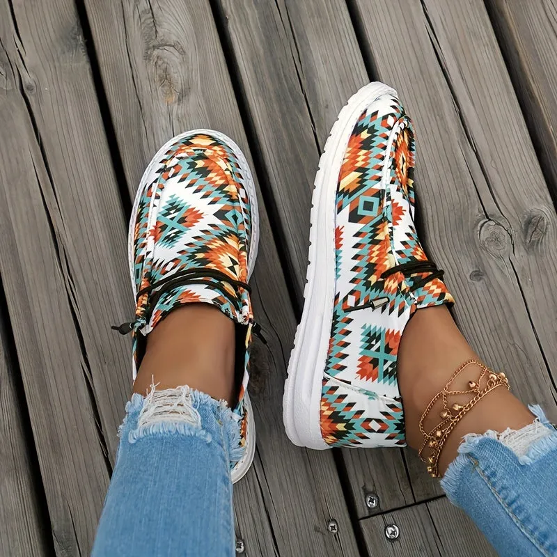 Colorful Geometric Print Walking Shoes, Lightweight Low Top Travel Sport Flat Shoes, Women's Footwear