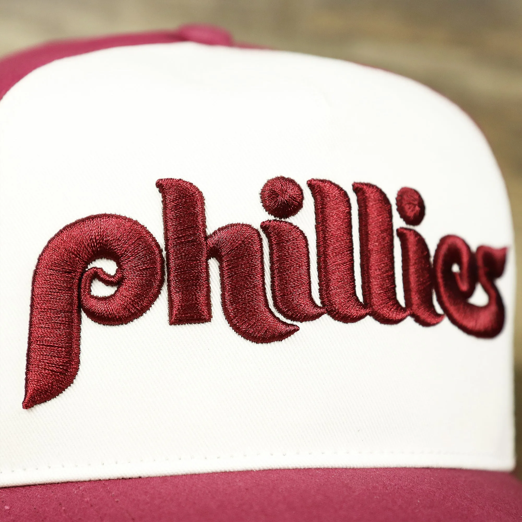 Cooperstown Philadelphia Phillies Wordmark Retro Phillies Logo Patch Dad Hat | Cardinal Dad Hat