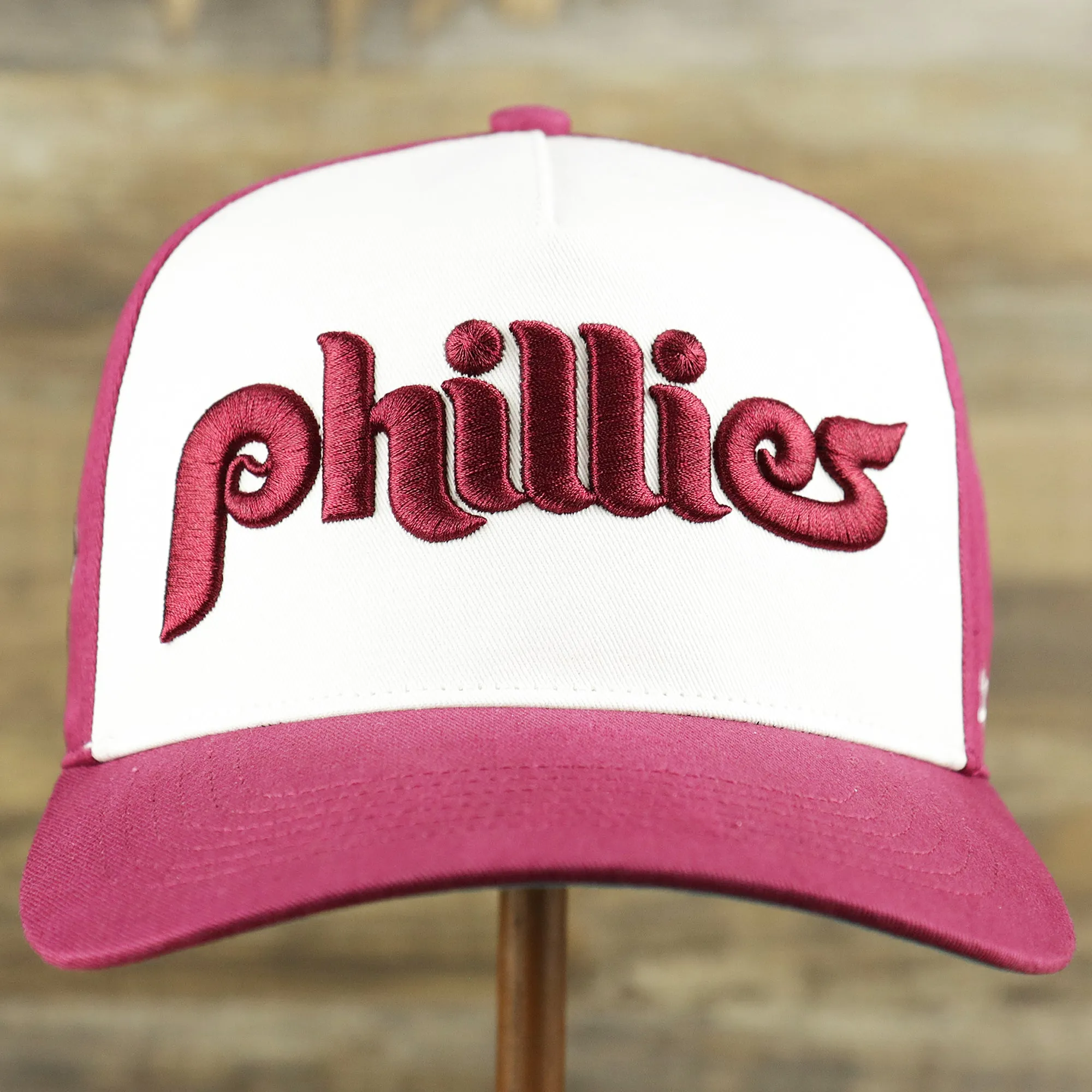 Cooperstown Philadelphia Phillies Wordmark Retro Phillies Logo Patch Dad Hat | Cardinal Dad Hat