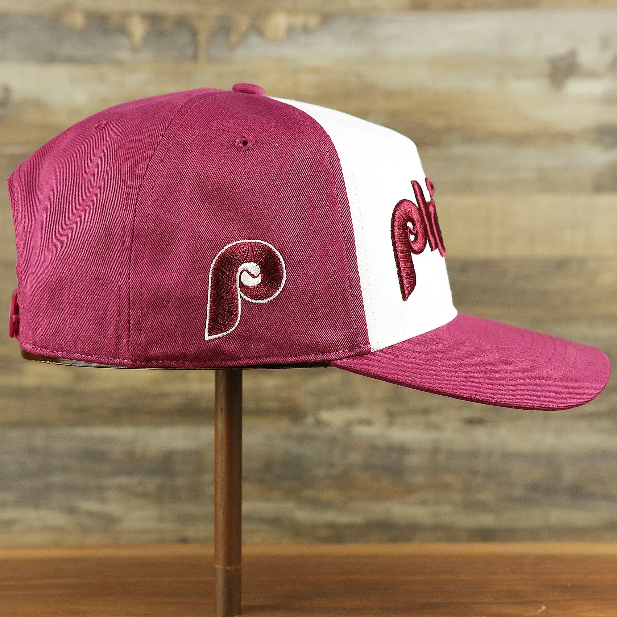 Cooperstown Philadelphia Phillies Wordmark Retro Phillies Logo Patch Dad Hat | Cardinal Dad Hat