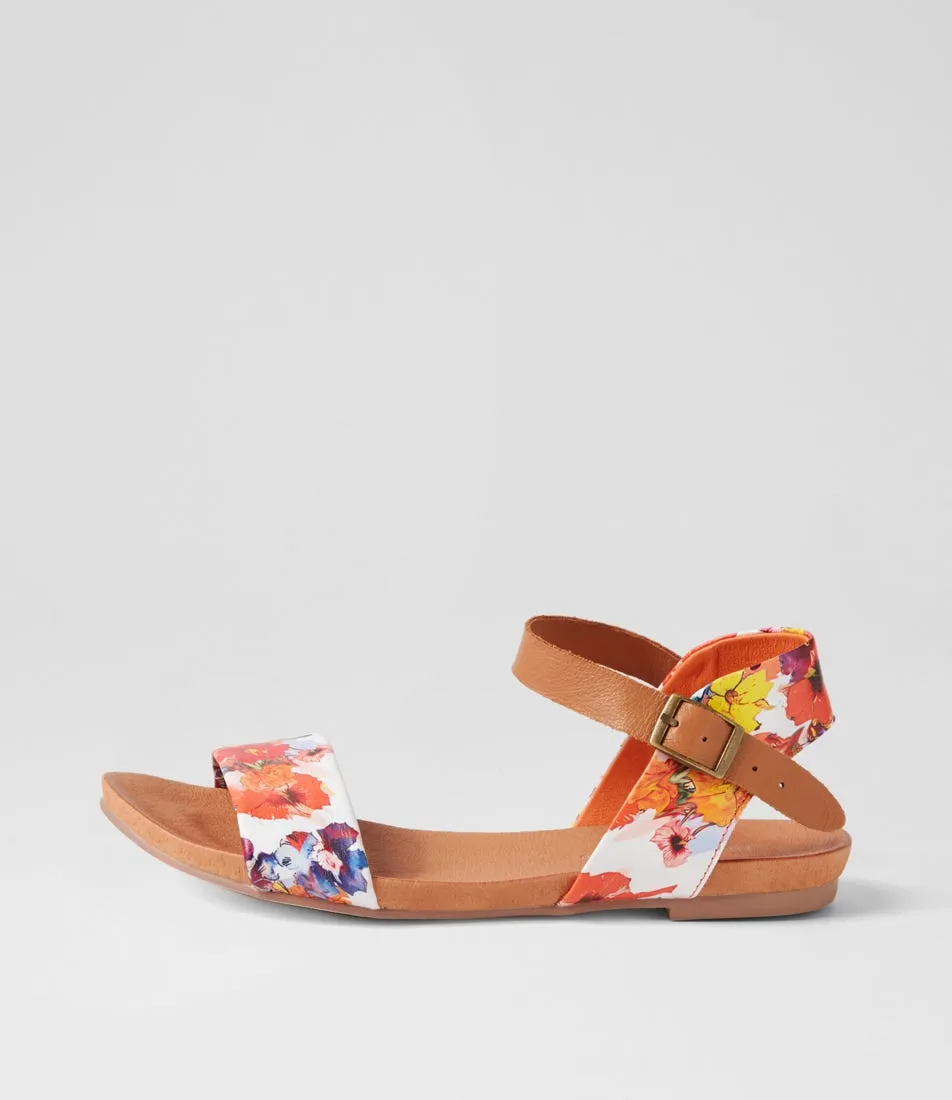 DJANGO & JULIETTE Jinnit Orange Poppy Print Tan Leather Sandals