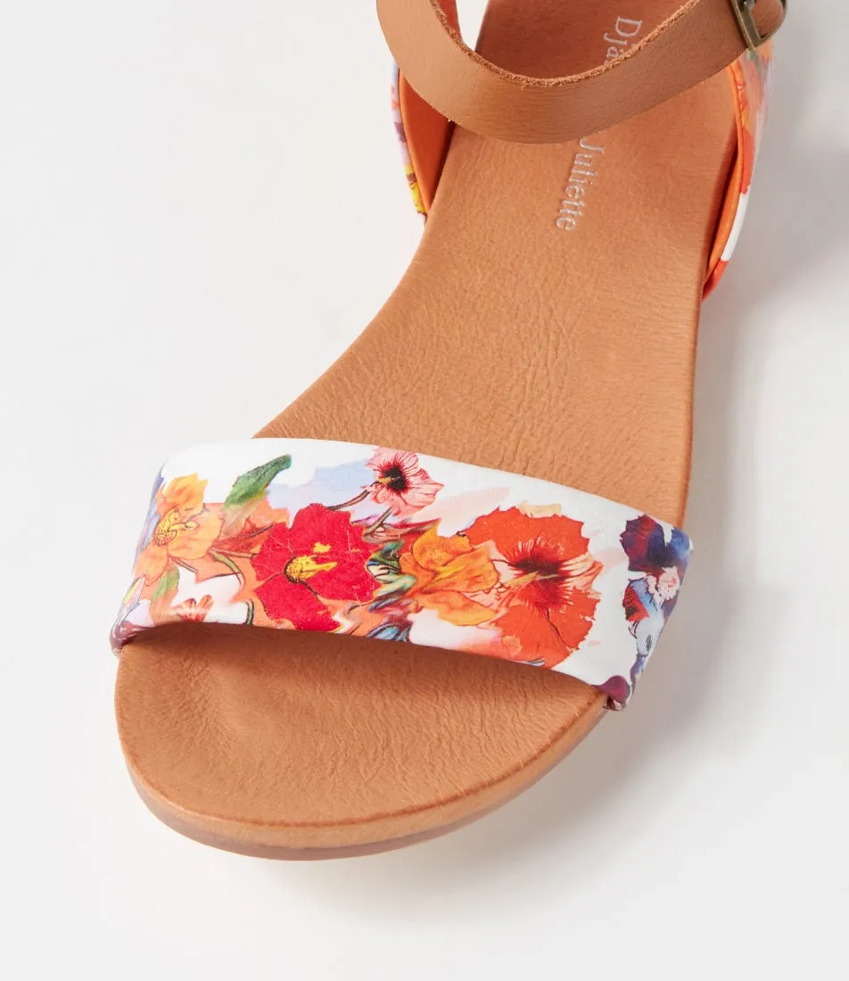 DJANGO & JULIETTE Jinnit Orange Poppy Print Tan Leather Sandals