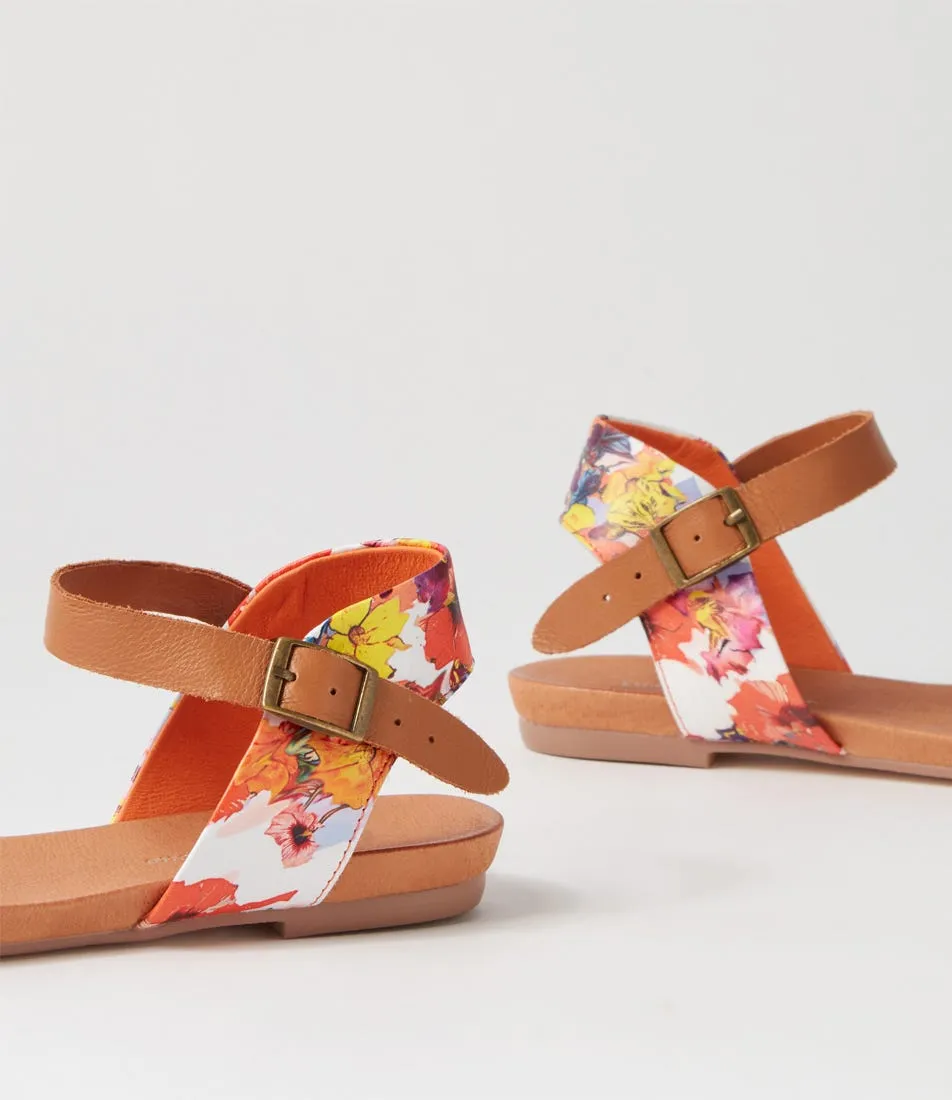 DJANGO & JULIETTE Jinnit Orange Poppy Print Tan Leather Sandals