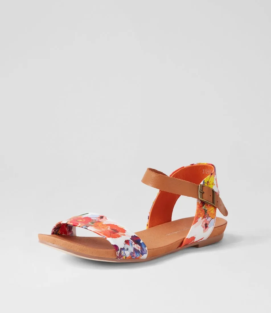 DJANGO & JULIETTE Jinnit Orange Poppy Print Tan Leather Sandals