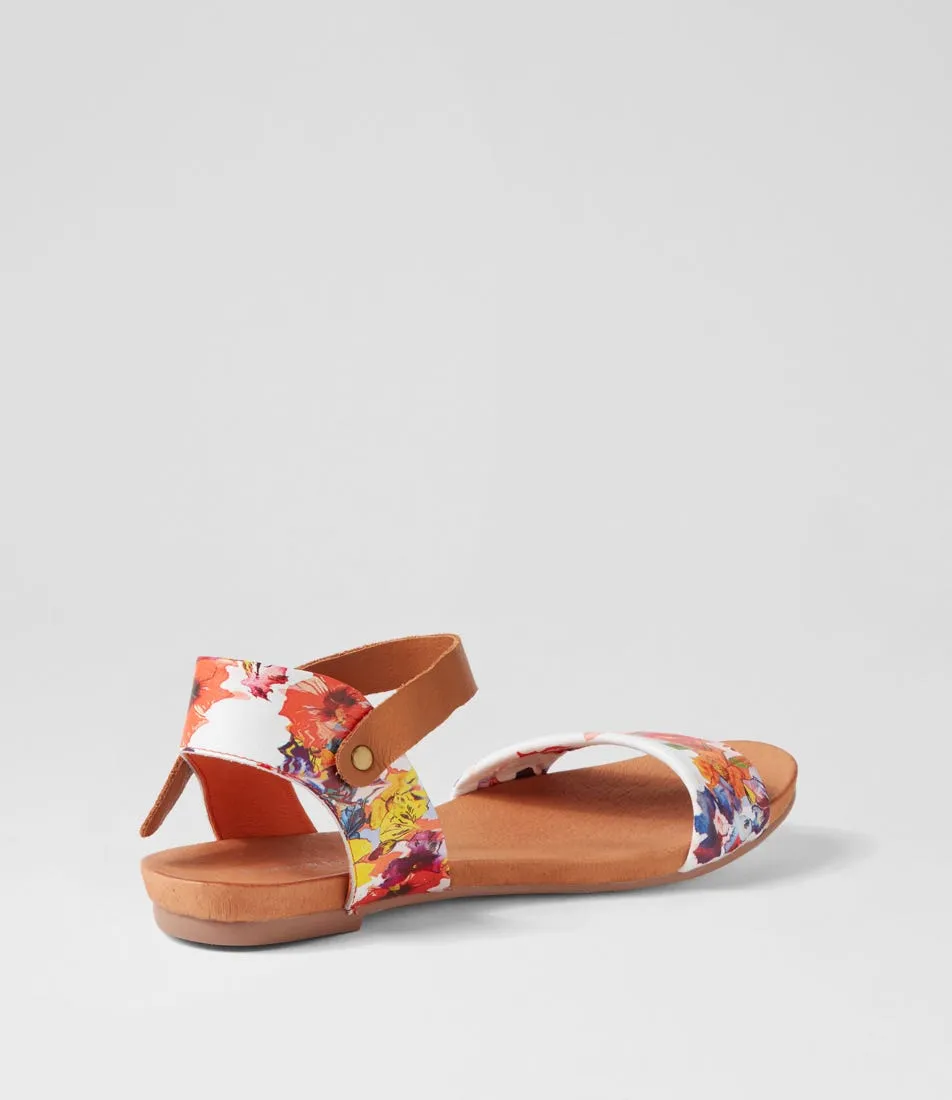 DJANGO & JULIETTE Jinnit Orange Poppy Print Tan Leather Sandals