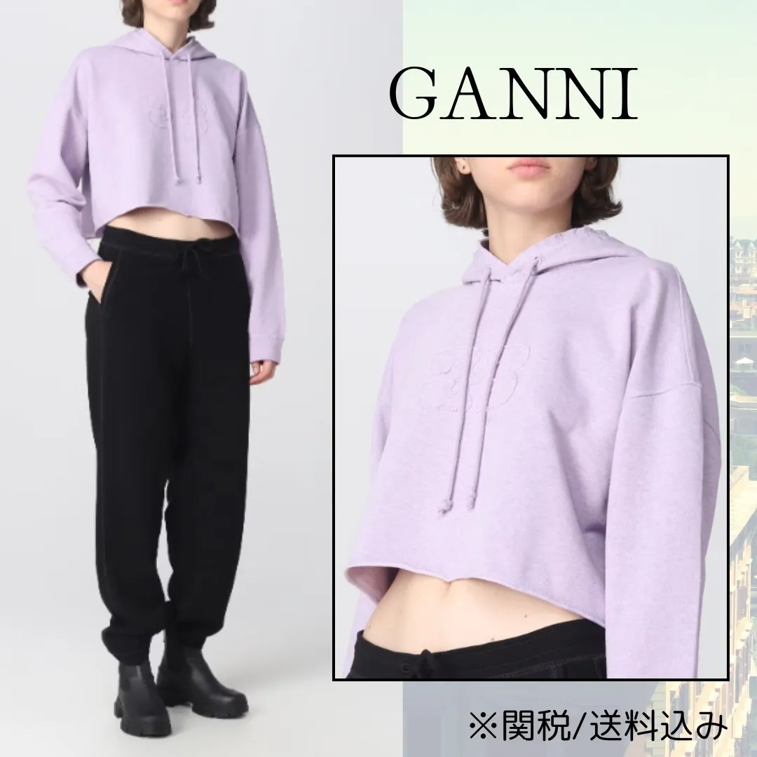 Ganni  |Long Sleeves Plain Cotton Logo Cropped Tops