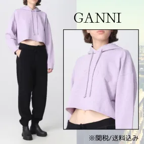 Ganni  |Long Sleeves Plain Cotton Logo Cropped Tops