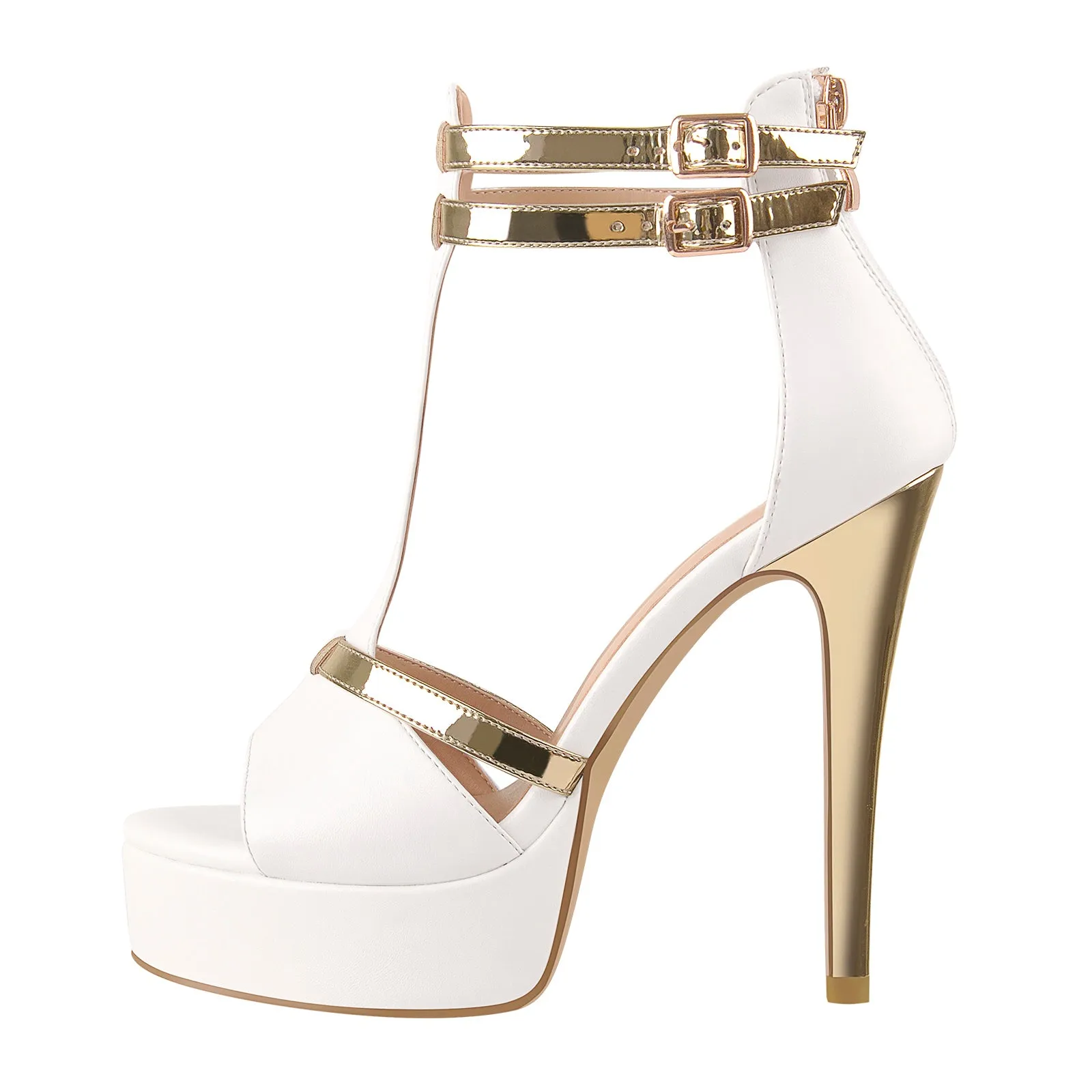 Gold T-Strap White Platform High Heel Pumps