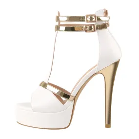 Gold T-Strap White Platform High Heel Pumps