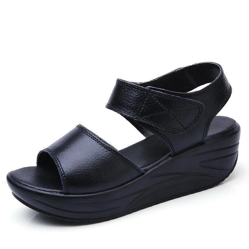 Hook Loop Leather Wedge Sandals