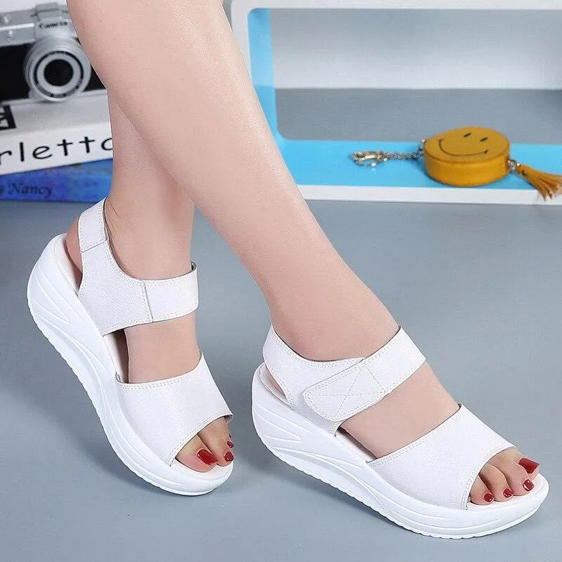 Hook Loop Leather Wedge Sandals