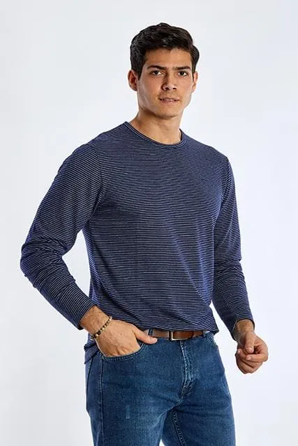 Long Sleeve Round Neck Striped T-Shirt - NAVY