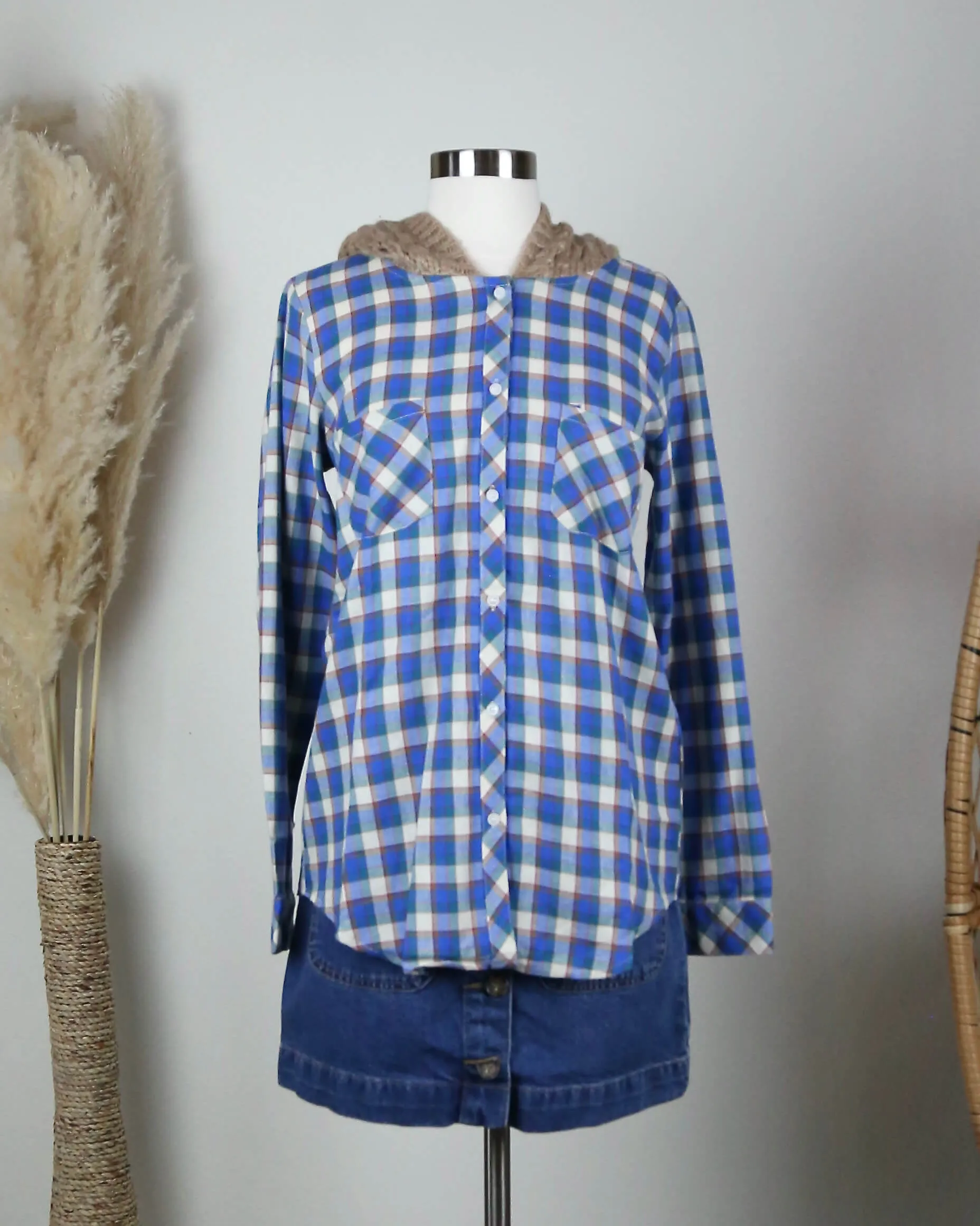 lovestitch Boyfriend Plaid Shirt with Knit Hood in Blue